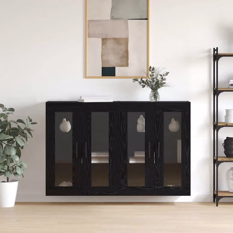 Set di 2 armadi da muro moderni vidaXL con ante in vetro, colore nero e marrone, L: 69,5 cm, P: 34 cm, H: 90 cm