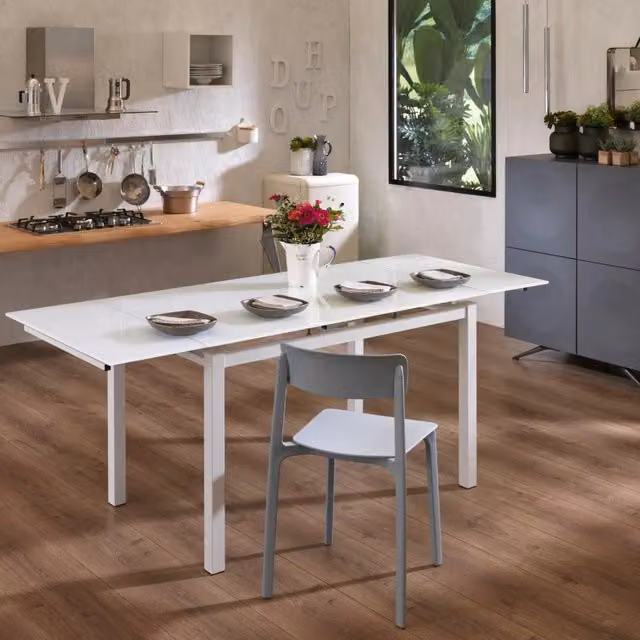 Tavolo da pranzo allungabile Marlow Duzzle in vetro temperato bianco con struttura in metallo, L/P: 130-200 x 80 cm