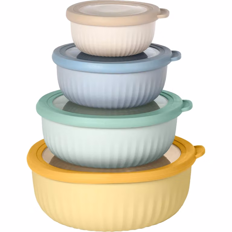 GUSTO CASA Set di 4 Contenitori Rotondi Multicolor Linea Timeless con Coperchi Ermetici in Plastica e Silicone, Impilabili, Lavabili in Lavastoviglie, Adatti a Microonde e Congelatore, Senza BPA