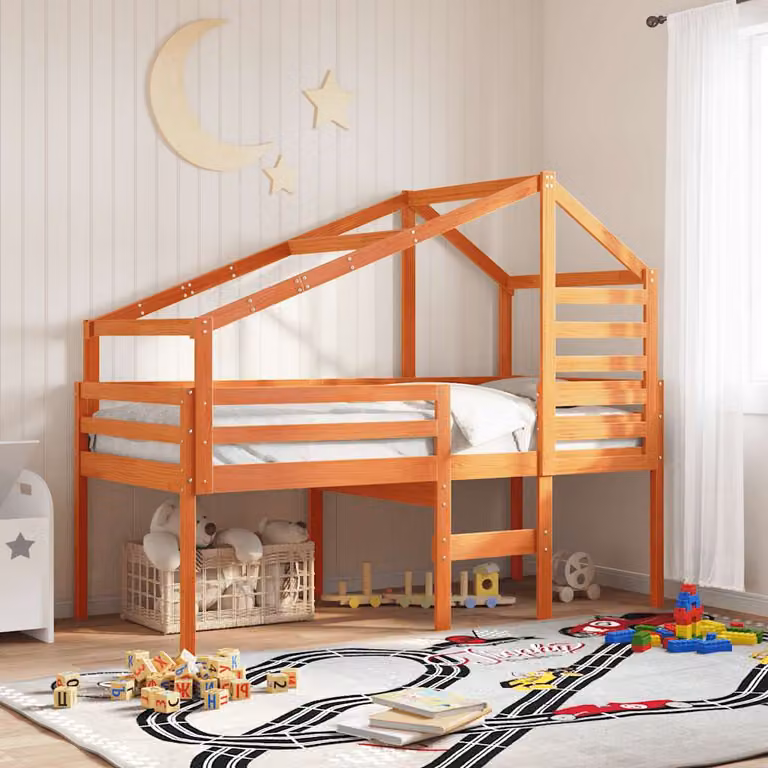 vidaXL Letto a Soppalco con Tetto per Bambini in Legno di Pino Marrone Cera L/P: 90 x 200 cm