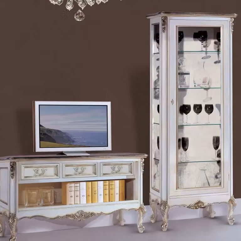 Parete attrezzata shabby chic in legno di faggio bianco e argento Mobili 2G L: 180 cm, H: 51 cm, P: 40 cm
