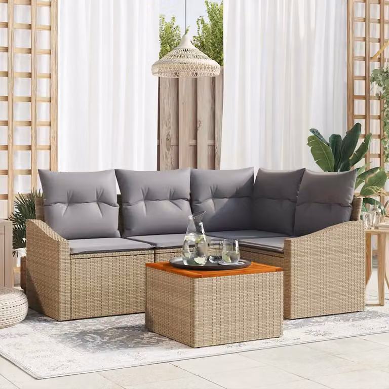 Set Divano da Giardino 5 Pezzi vidaXL Beige con Cuscini e Struttura in Acciaio e Polyrattan
