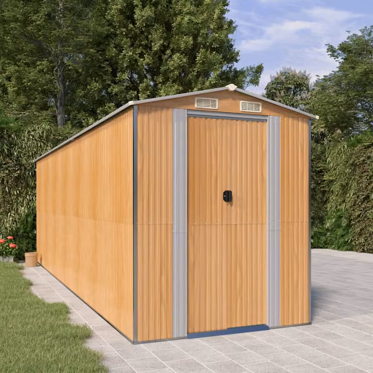 Capanno da giardino vidaXL in acciaio zincato marrone chiaro con tetto a capanna e porta scorrevole L: 606 cm, P: 192 cm, H: 223 cm