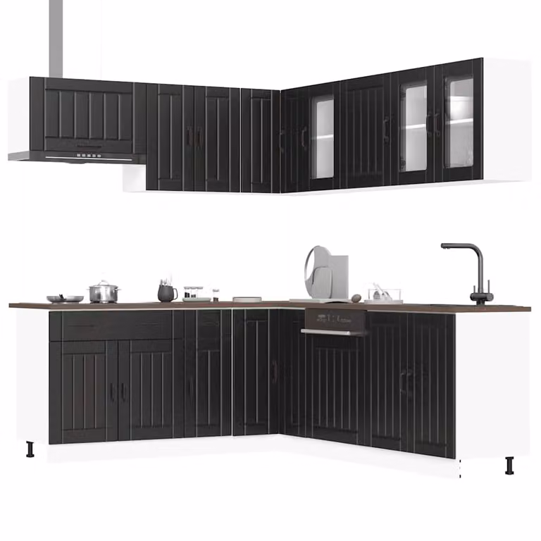 Set di mobili da cucina vidaXL Lucca composto da 11 pezzi in legno multistrato e vetro, colore nero opaco