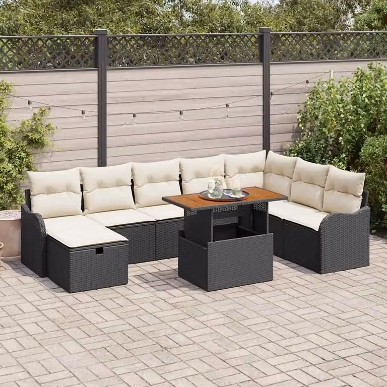 Set Divano da Giardino vidaXL 9 pz in Polyrattan Nero con Cuscini e Tavolino da Esterno