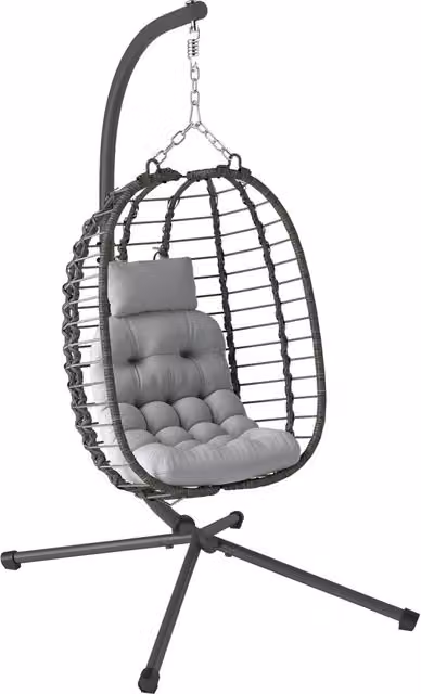 Sedia Sospesa a Uovo in Rattan con Cuscini e Supporto in Acciaio, Grigio, H 188 x L 122 x P 104 cm
