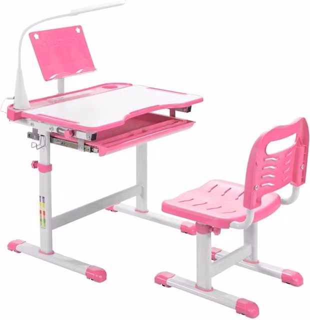 Set scrivania e sedia per bambini con altezza regolabile e leggio inclinato con luce LED, Rosa
