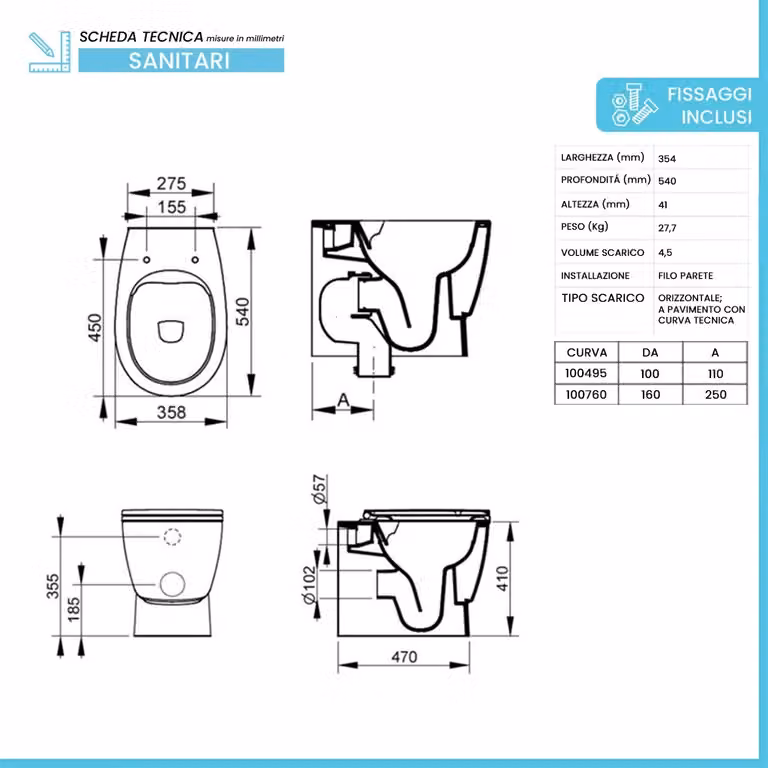 Wc sospeso Demy Dolomite in ceramica bianco lucido con sistema rimless e scarico traslato L 45,0 cm x P 41,0 cm x H 27,5 cm