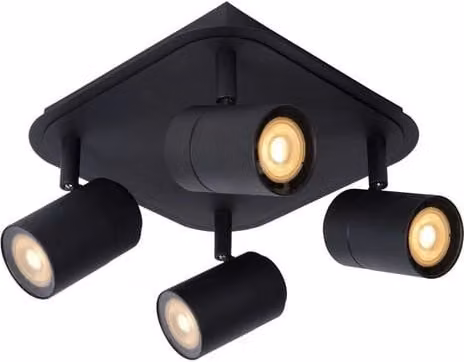 Plafoniera a spot Lucide Lennert nera con 4 faretti GU10, design moderno e protezione IP44, L: 30 cm, P: 23,5 cm, H: 15 cm