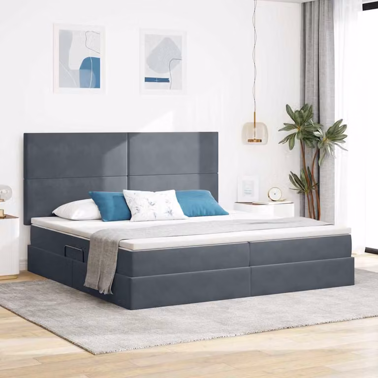 Letto con contenitore e illuminazione LED vidaXL in velluto grigio, L/P/H: 200 x 200 x 128 cm