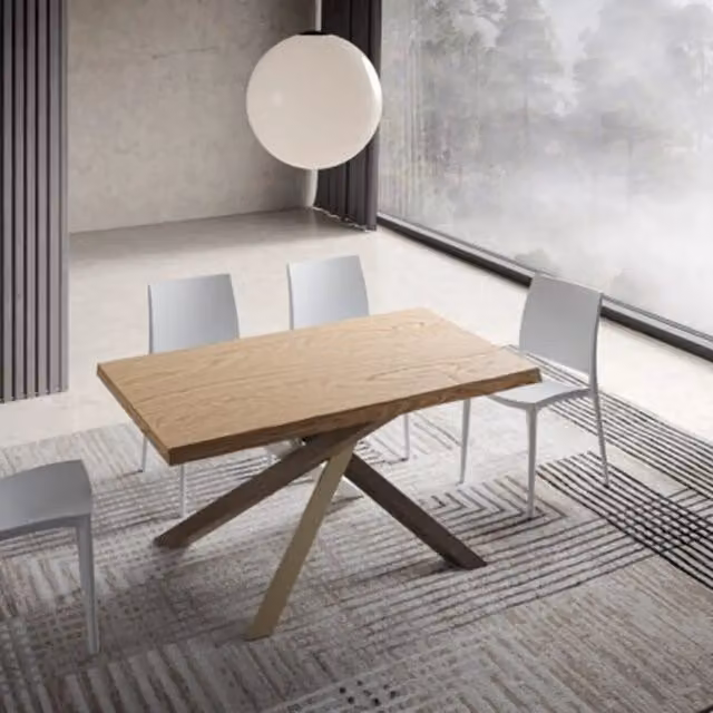 Tavolo allungabile moderno Itamoby in legno di rovere con bordo live edge e gambe a X in metallo, L/P/H: 140/240 x 90 x 75 cm