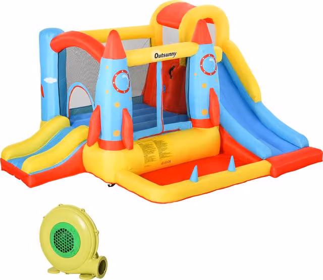 Castello Gonfiabile Outsunny con 2 Scivoli, Trampolino e Piscina per Bambini, Multicolore, L: 330 cm, P: 265 cm, H: 185 cm