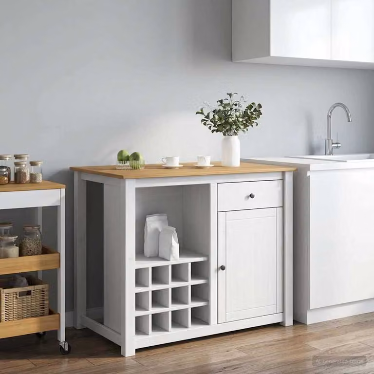 Set isola da cucina moderna vidaXL PANAMA in legno di pino, Bianco e Cera di Miele, L: 112,0 cm, P: 77,0 cm, H: 90,0 cm