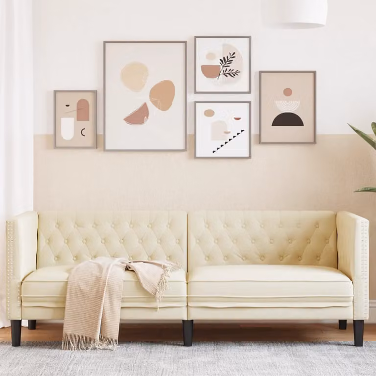 vidaXL Divano Chesterfield a 3 Posti in Similpelle Beige L: 194,0 cm, H: 74,5 cm, P: 70,5 cm