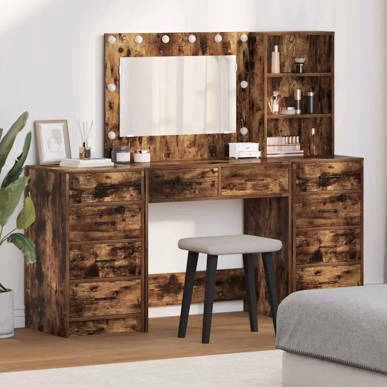 Set da trucco vidaXL in legno e MDF con specchio LED, colore marrone, L: 78,5 cm, P: 41 cm, H: 135 cm