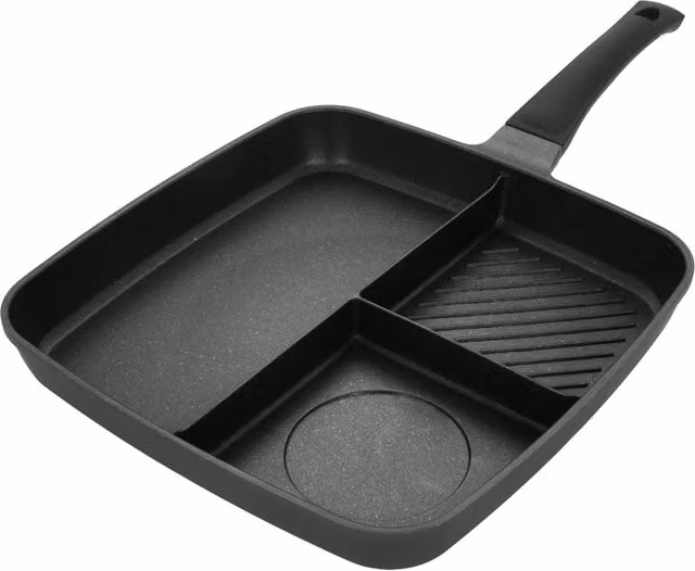 Padella grill quadrata KASANOVA con 3 scomparti in alluminio antiaderente, colore nero, L/P: 32 x 32 cm