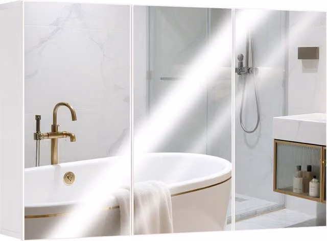 Mobiletto da bagno con specchio HOMCOM bianco, montaggio a parete con 3 ante specchiate e ripiani interni, L: 90 cm, P: 15,5 cm, H: 60 cm