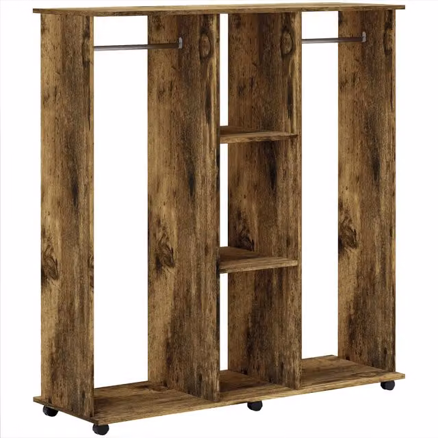 Stand Appendiabiti HOMCOM con 6 Ruote, Guardaroba in Legno e Alluminio con 5 Ripiani e 2 Aste per Vestiti, Marrone