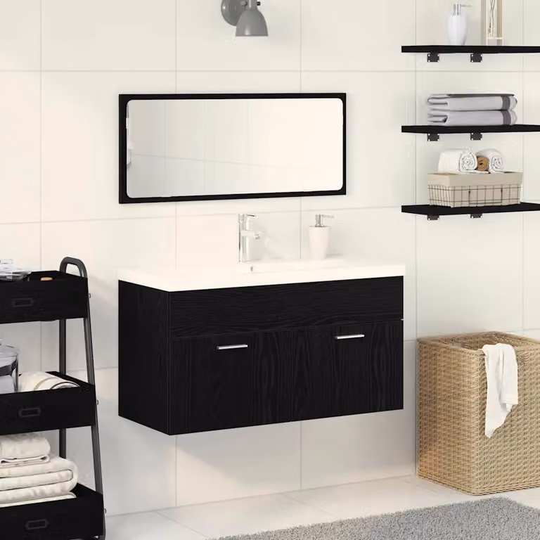 Set di mobili per il bagno vidaXL composto da 3 pezzi in nero con mobile lavabo, colonna alta e armadietto con specchio