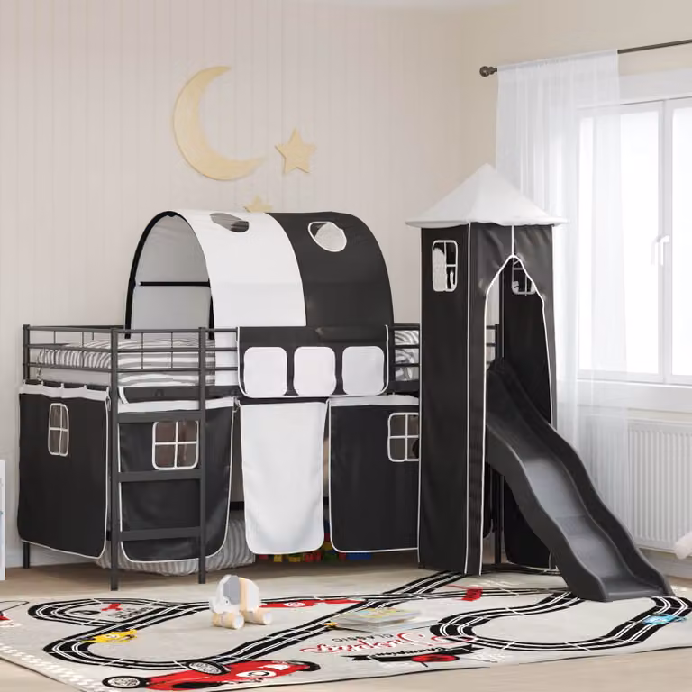 Letto a castello per bambini vidaXL in metallo con struttura a casetta, disponibile in nero o blu, L/P/H: 200 x 80 x 195 cm