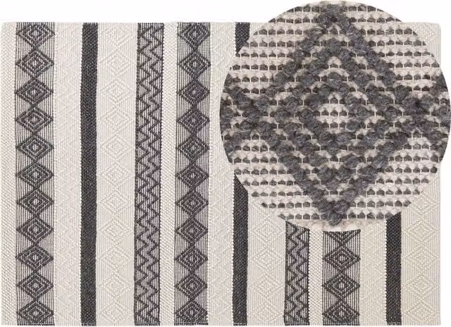 Tappeto Beliani in lana e poliestere intrecciato a mano con motivo geometrico boho beige e grigio L: 200 cm, P: 140 cm