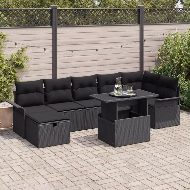 Set Divano da Giardino vidaXL 8 Pezzi Moderno a Forma di L in Polyrattan Nero con Cuscini e Tavolino da Esterno