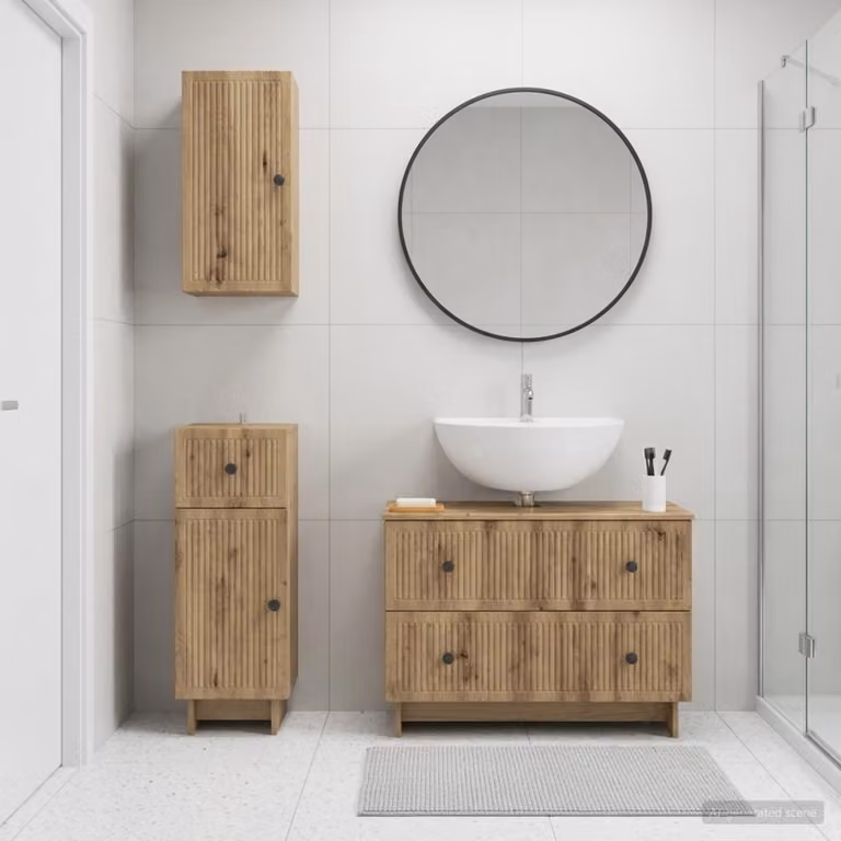 Set di armadietti da bagno vidaXL EDE in 3 pezzi, Rovere Artigianale Marrone, con vanità e pensili a muro