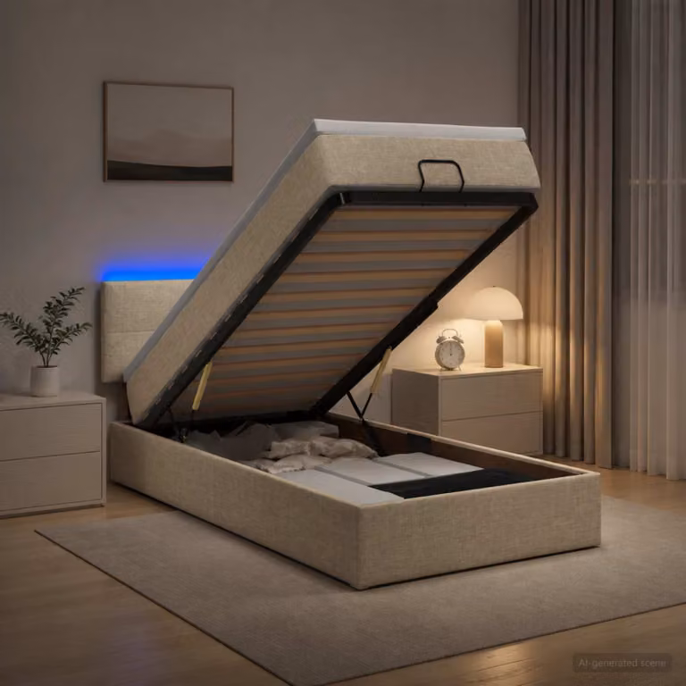 Letto Ottomano con Materasso e LED vidaXL, Colore Beige, L/P/H: 90 x 200 x 44 cm
