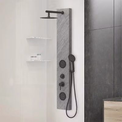 Pannello doccia in acciaio inox effetto pietra con soffione slim e doccetta nero opaco