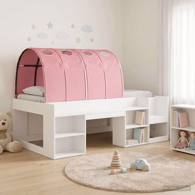 Letto per bambini con struttura a casetta e tunnel vidaXL, Bianco e Rosa, L/P/H: 193 x 103,5 x 65 cm