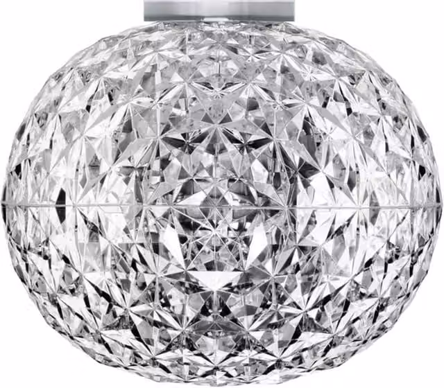 Plafoniera Kartell Planet con illuminazione LED calda, design moderno ovale in vetro disponibile in trasparente, fumé o ambra