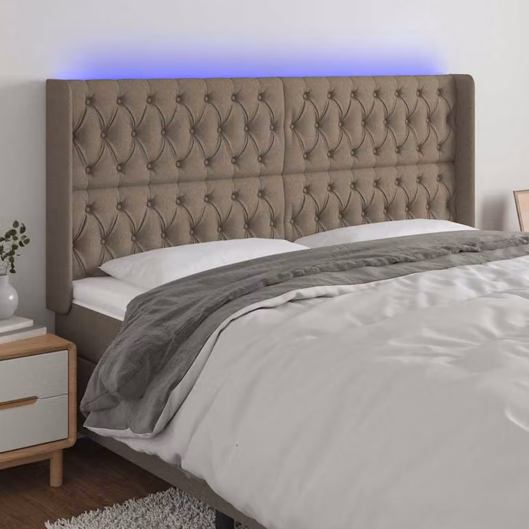 Testiera con LED e porta USB vidaXL in tessuto tortora L: 203 cm, P: 16 cm, H: 118-128 cm