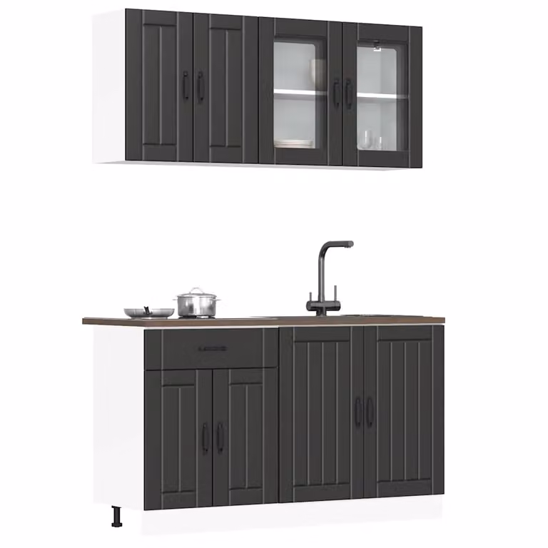 Set di mobili da cucina vidaXL Lucca composto da 4 pezzi in legno e vetro, colore nero opaco, design moderno con ante in vetro e scaffali aperti
