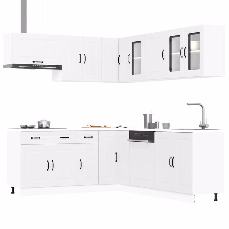 Set di mobili da cucina moderno vidaXL Kalmar composto da 11 pezzi in legno e vetro, colore bianco opaco