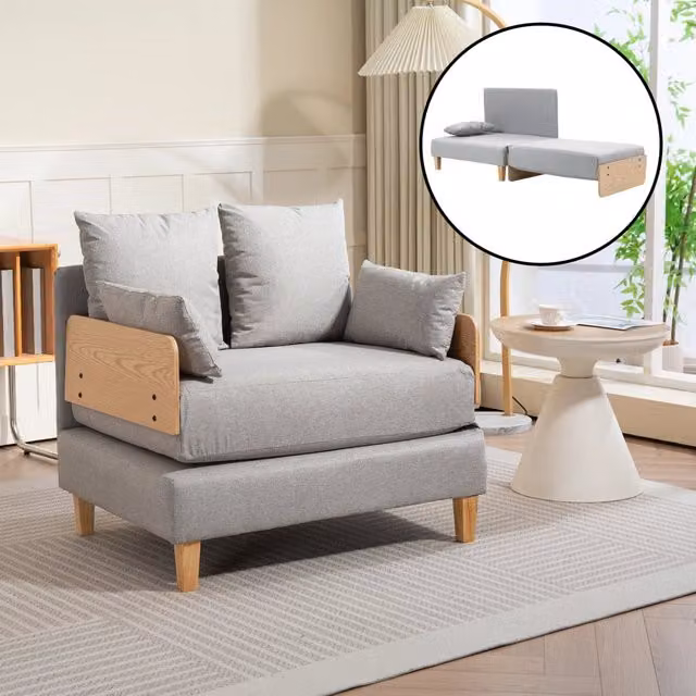 Poltrona Letto Seinlus en.casa con Apertura a Libro e Cuscini Inclusi, Grigio, con Braccioli e Struttura in Legno e Metallo