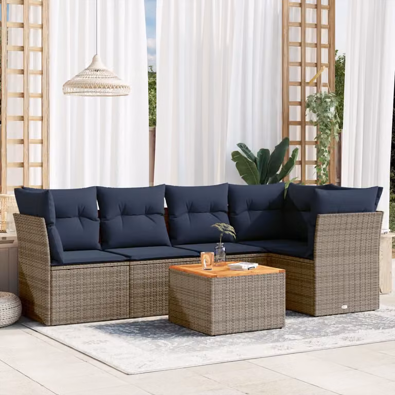 Set di divani da giardino vidaXL in 6 pezzi con tavolino e cuscini in polyrattan grigio e struttura in metallo e legno di acacia