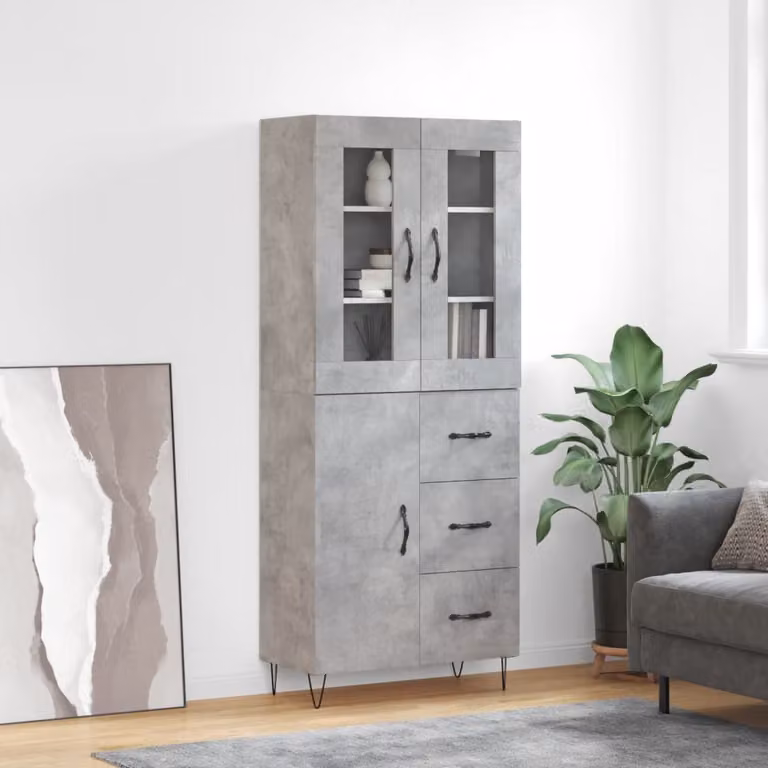 Credenza stile industriale vidaXL in legno, vetro e metallo, colore grigio, L: 69,5 cm, P: 34 cm, H: 180 cm