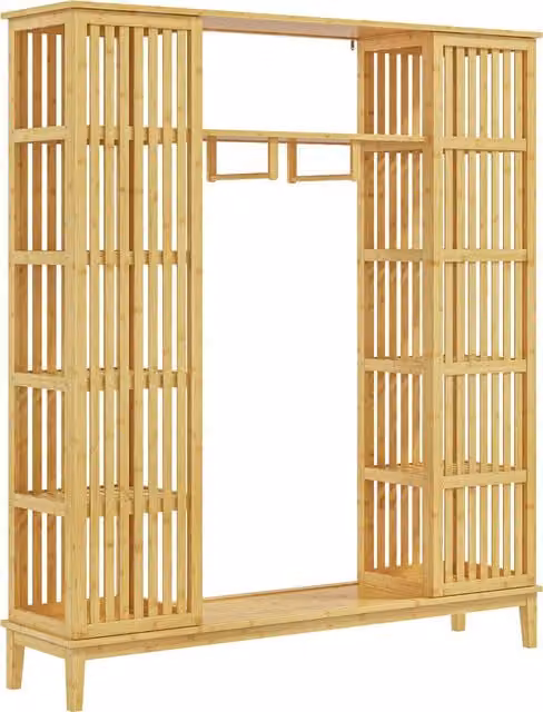 Armadio Aperto HOMCOM in Bambù e Rattan con 2 Ante Scorrevoli, Ripiani e Barra Appendiabiti, Colore Marrone e Beige, L 145 x P 35 x H 165 cm