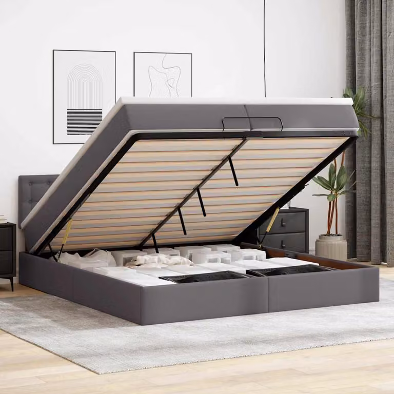 vidaXL Struttura Letto con Materasso e Contenitore a Sollevamento, Similpelle Grigio e Bianco, L: 200 cm, P: 200 cm, H: 280 cm