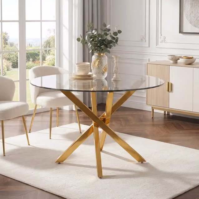 Tavolo da pranzo rotondo MODFU in vetro temperato trasparente con gambe in metallo dorate, design moderno, Diametro: 80 cm