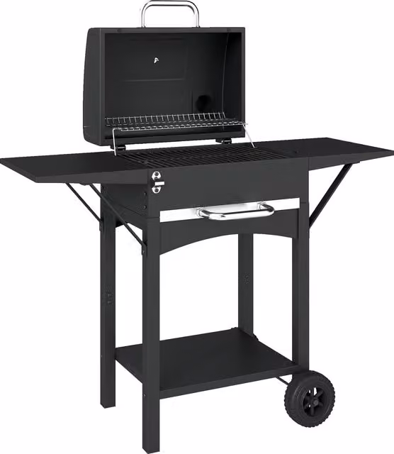 Barbecue a carbone Outsunny con 2 ripiani laterali, termometro, coperchio e ruote, Nero, L 110 cm x P 46.5 cm x H 101 cm