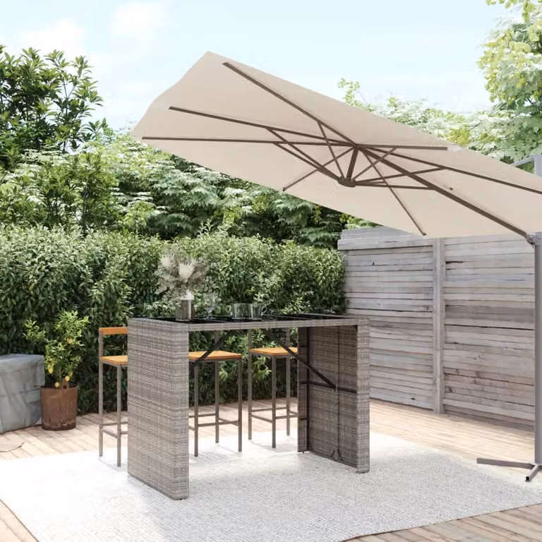 vidaXL Tavolo da Bar Moderno in Polyrattan con Piano in Vetro Grigio e Nero L: 145 cm, P: 80 cm, H: 110 cm