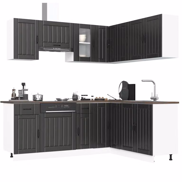 Set di mobili da cucina Kalmar vidaXL composto da 11 pezzi in legno e vetro, colore nero opaco