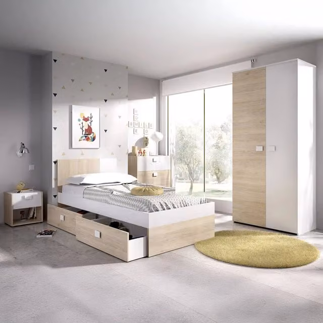 Set Camera da Letto Moderna DMORA Redwood Bianco con Armadio, Letto, Comodino e Cassettiera in Legno e MDF