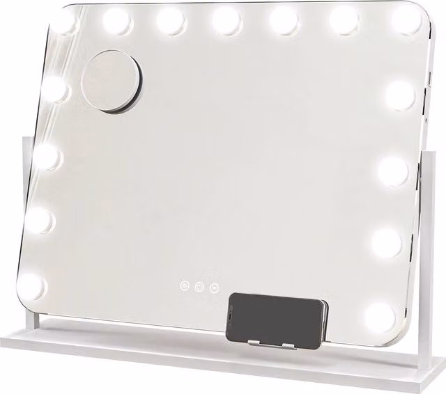 Specchio da trucco HOMCOM con 14 luci LED regolabili e ricarica USB, in vetro e metallo, Bianco, L: 62.5 cm, P: 14 cm, H: 49.5 cm
