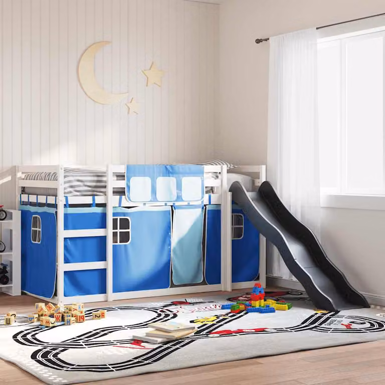 vidaXL Letto a Castello per Bambini in Legno di Pino con Scivolo e Tende Blu, L/P/H: 200 x 90 x 205,5 cm