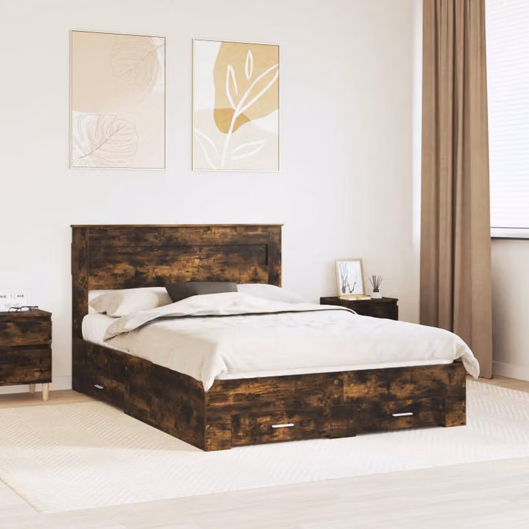 Struttura del letto moderna vidaXL in legno color rovere fumo con cassetti L/P/H: 150 x 200 x 210 cm