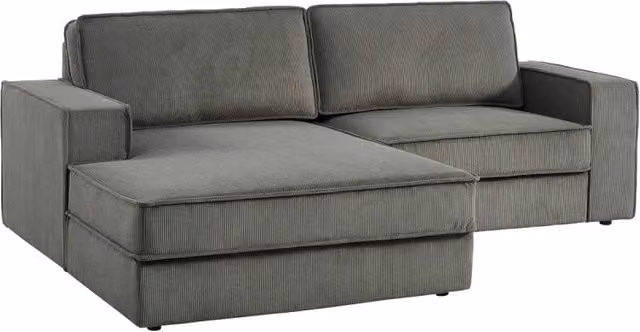 Divano angolare sinistro SWEEEK in velluto a coste grigio con struttura in legno massiccio e cuscini decorativi, 3 posti, L 231 x P 156 x H 83 cm
