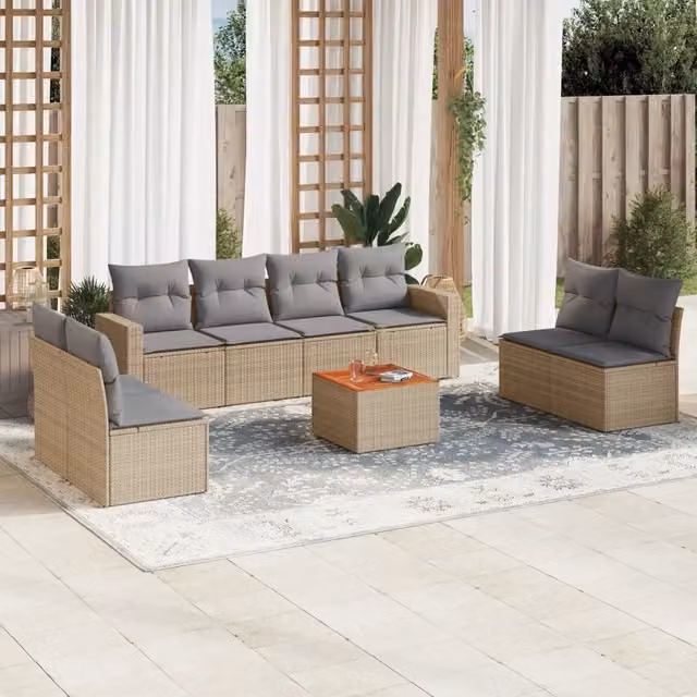 vidaXL Set Divano da Giardino 9 pz in Polyrattan con Cuscini Beige e Grigio e Tavolino da Esterno