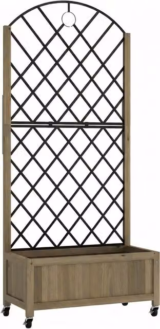 Fioriera Outsunny con traliccio in acciaio e vasca in legno marrone su ruote bloccabili, H: 168 cm, L: 72 cm, P: 36 cm